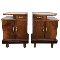 Pair of Italian Art Deco Nightstand bedside Tables in Burl Walnut and Marble Top