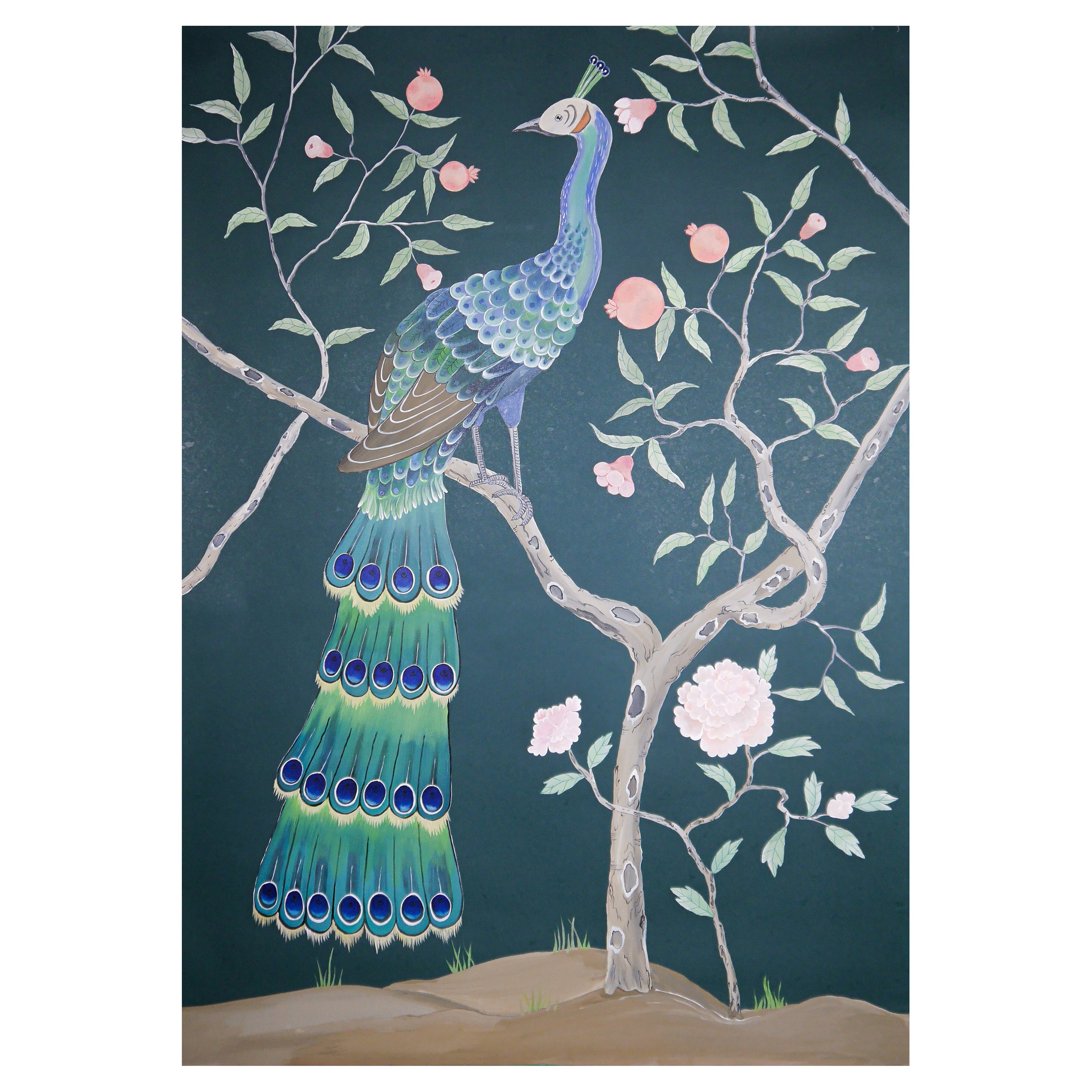 Chinoiserie Hand Painted Chinese Panel 19th Century Peacock Garden Teal For Sale