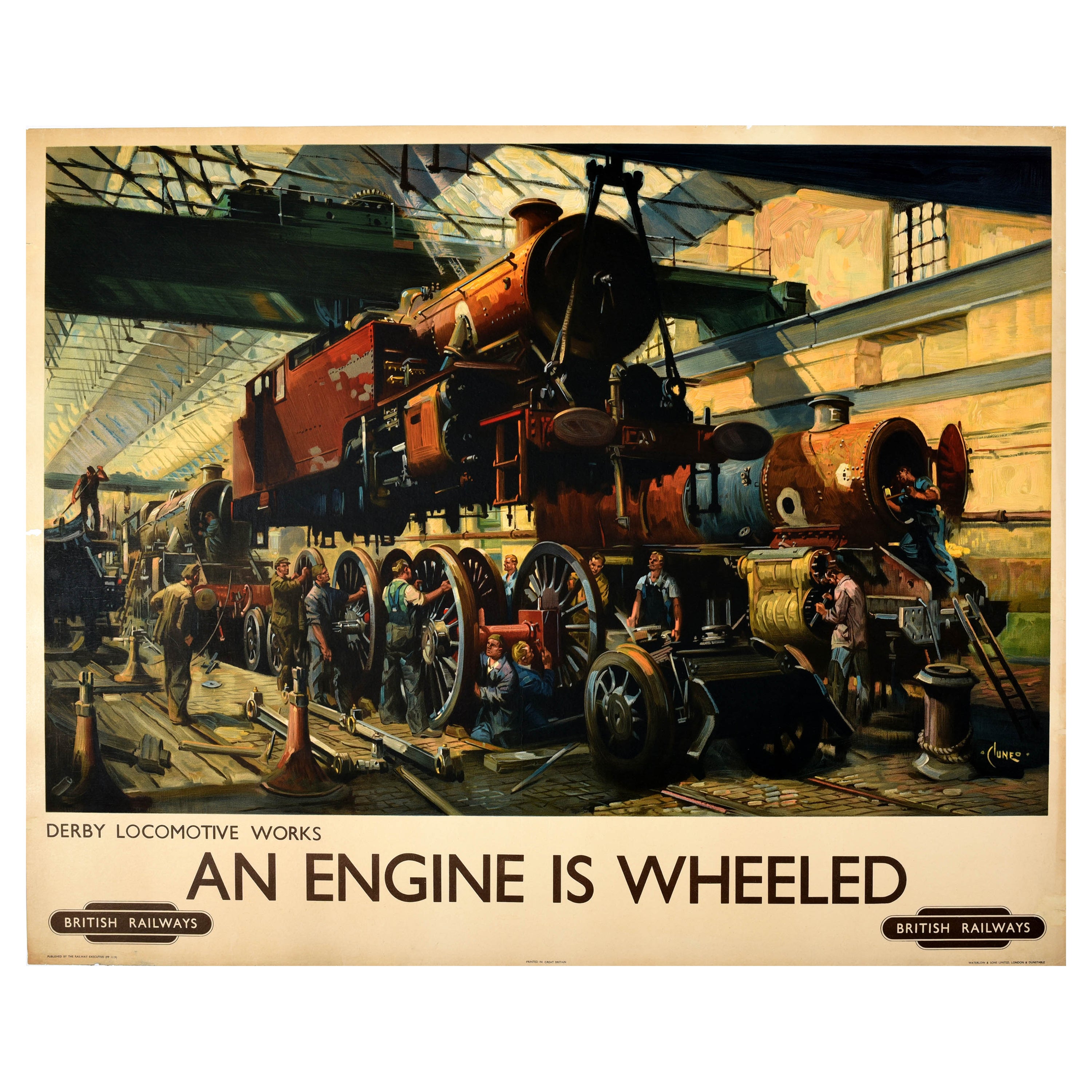 Affiche de voyage originale vintage « An Engine Is Wheeled » (Un moteur de chemin de fer est roulé) - Art Cuneo