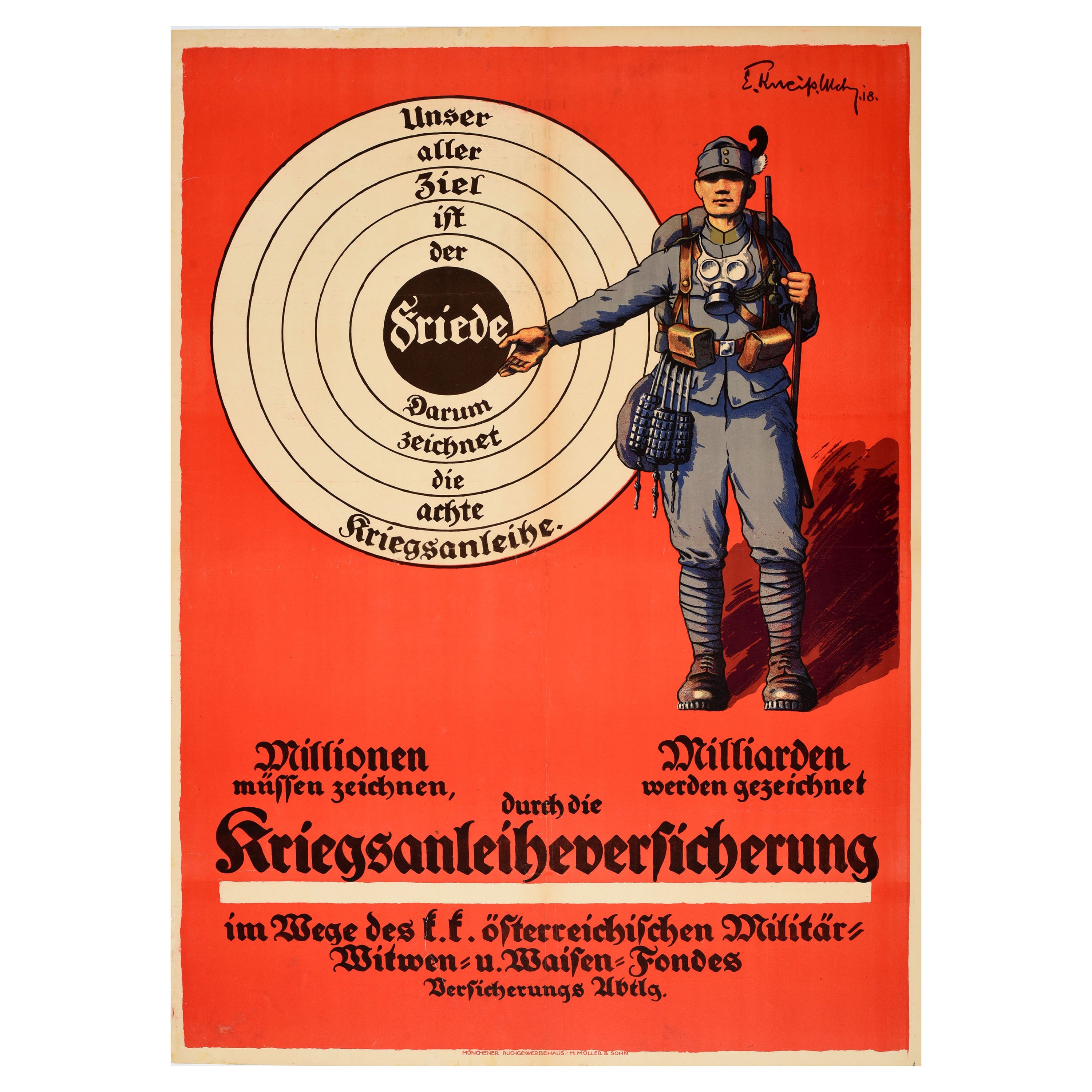 Original Antique War Propaganda Poster War Loan Insurance WWI Austria Soldier For Sale