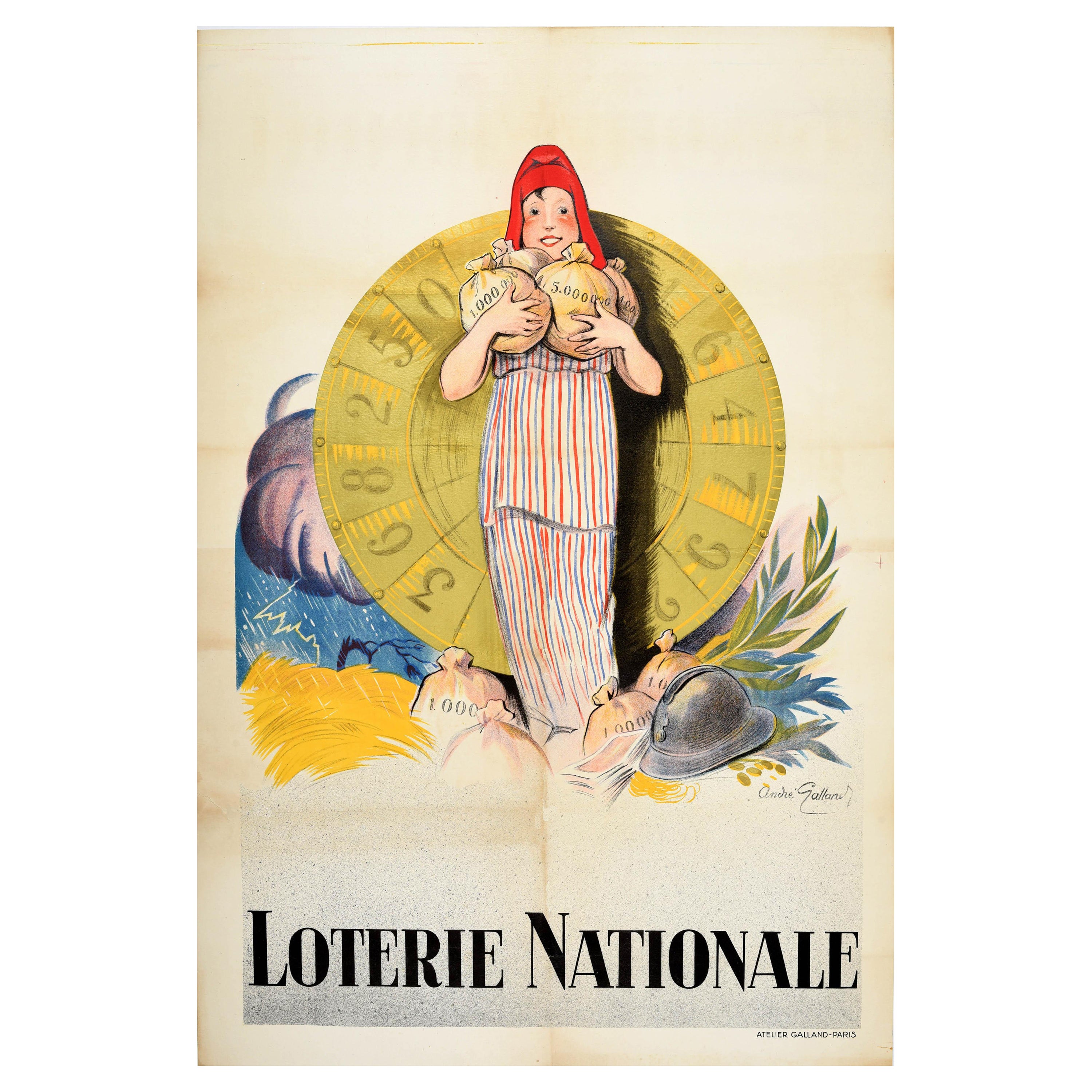 Original Vintage Advertising Poster Loterie Nationale Wheel Of Fortune Andre Art For Sale