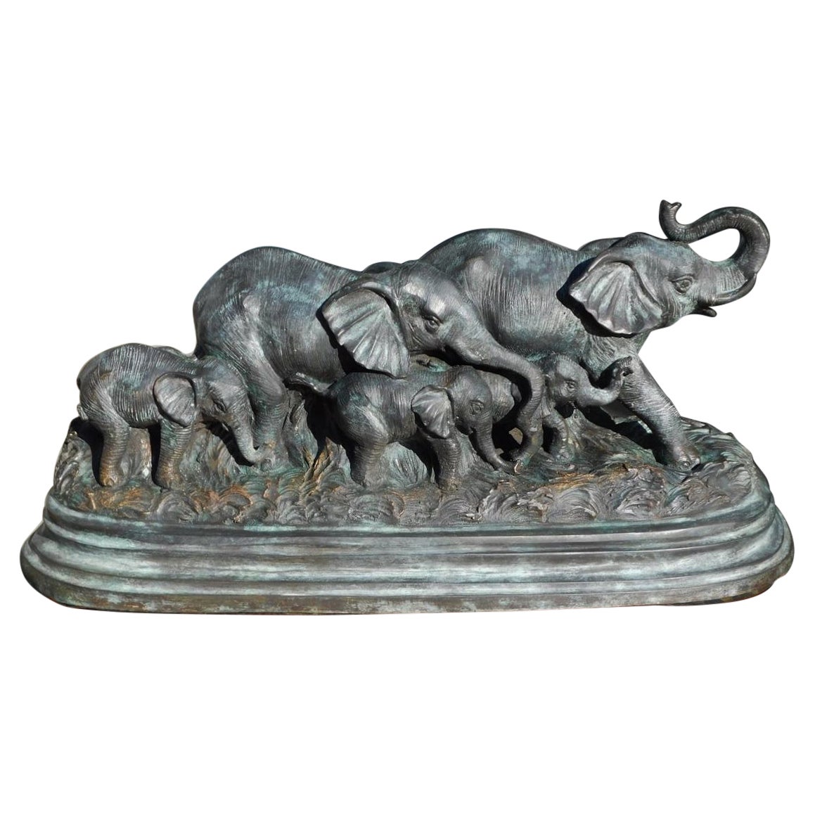 American Bronze Oval Elephant Herd Sculpture on Molded Edge Base , 20th Cent