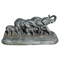 Vintage American Bronze Oval Elephant Herd Sculpture on Molded Edge Base , 20th Cent