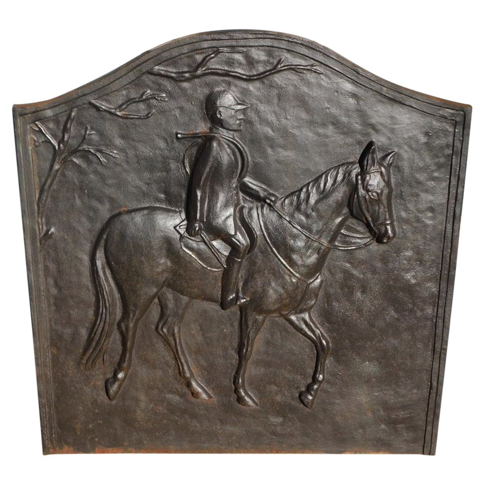 American Cast Iron Fireback with Gentleman Riding on Horse, 20th Cent. Virginia For Sale