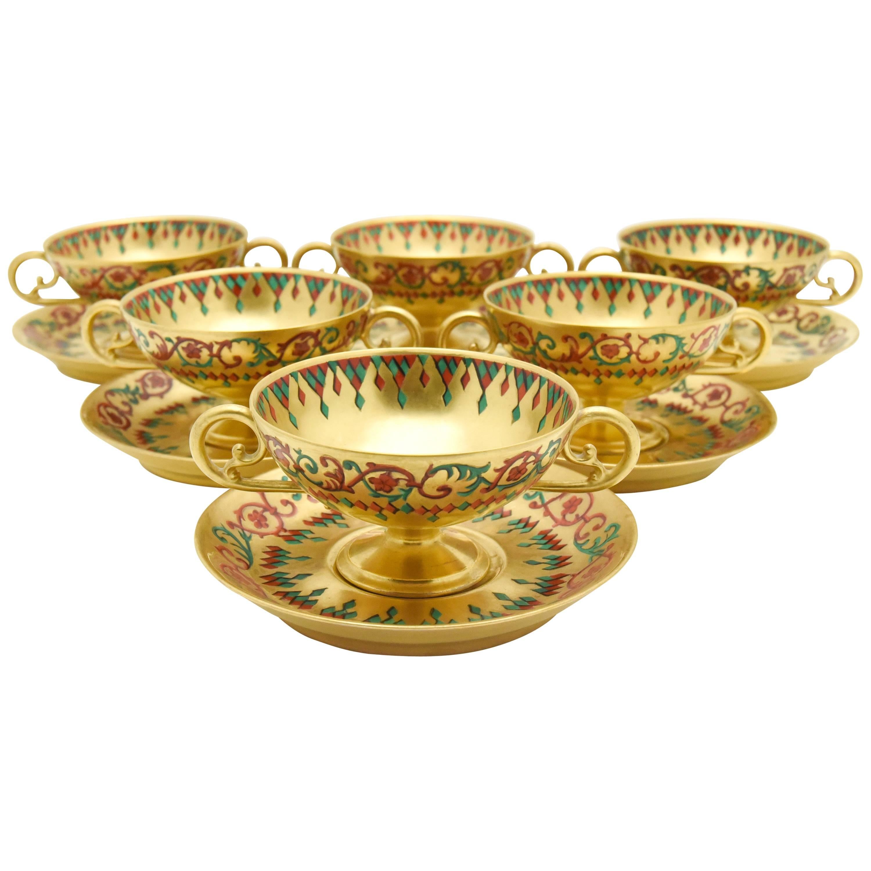 Six French Gold Footed Compotes and Saucers Persian Enameled Decoration, Signed For Sale