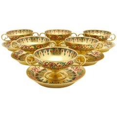 Antique Six French Gold Footed Compotes and Saucers Persian Enameled Decoration, Signed