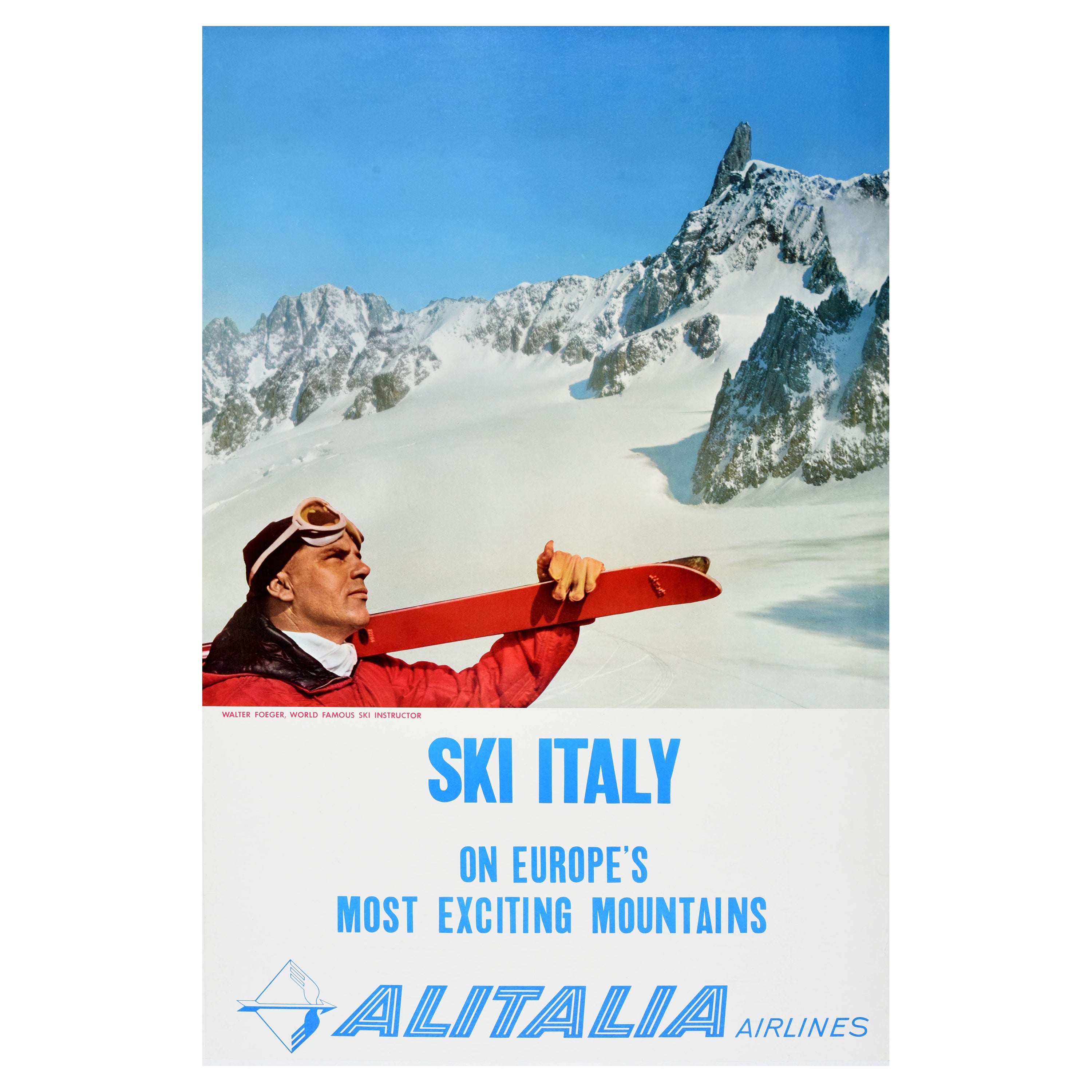 Affiche rétro originale de ski, Ski, Italie, Alitalia Airlines, Walter Foeger