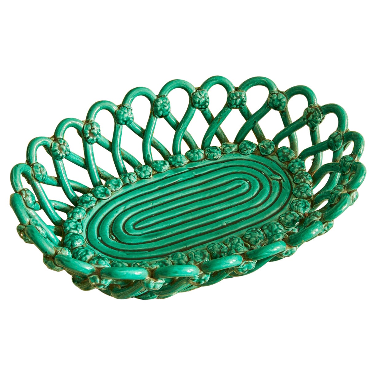 Vintage Vallauris Woven Ceramic Basket in Green Glaze, France, 1940s For Sale