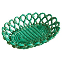 Vintage Vallauris Woven Ceramic Basket in Green Glaze, France, 1940s