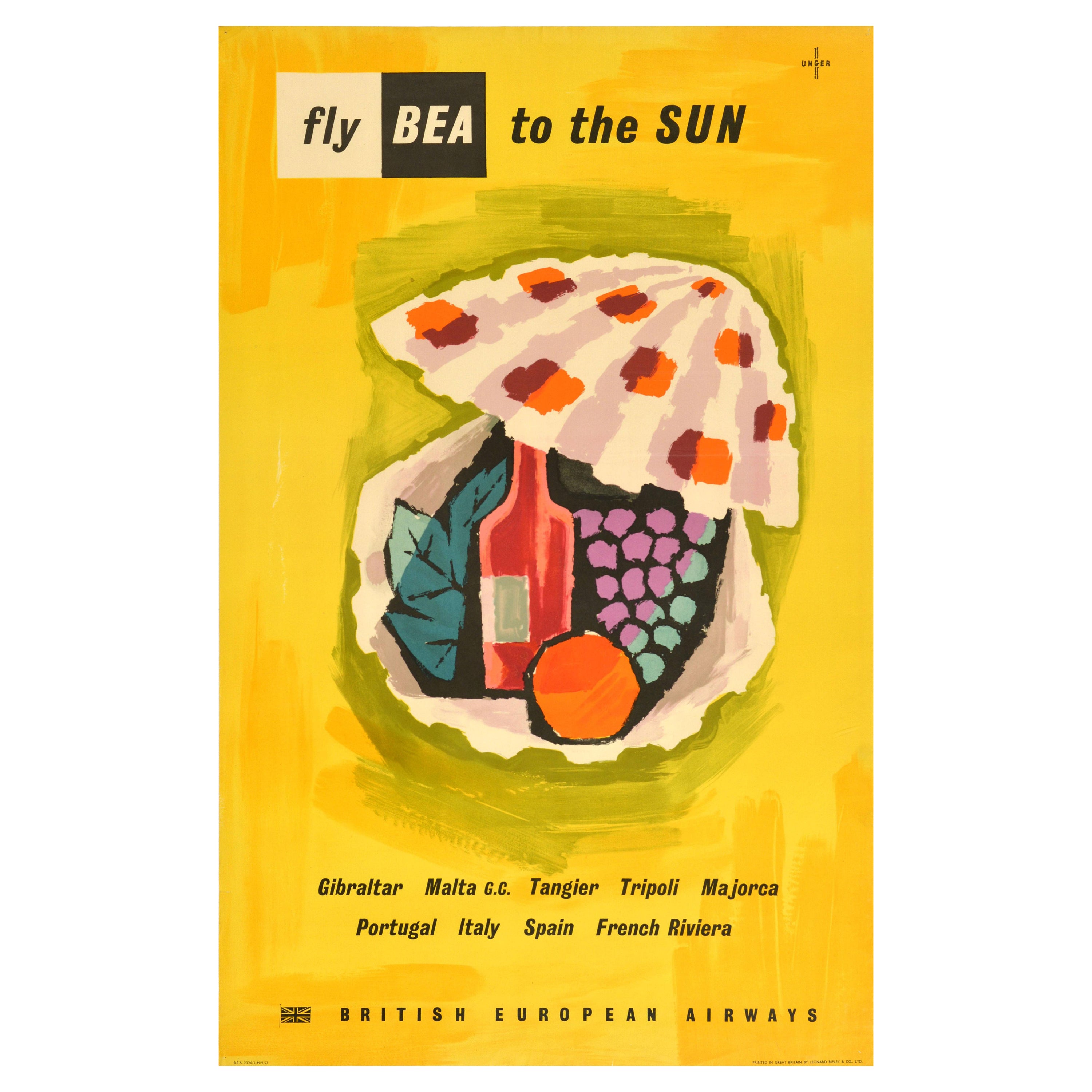 Affiche rétro originale de voyage Fly BEA To The Sun Sea Shell Wine de Hans Unger Art en vente