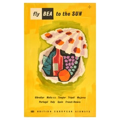 Affiche rétro originale de voyage Fly BEA To The Sun Sea Shell Wine de Hans Unger Art