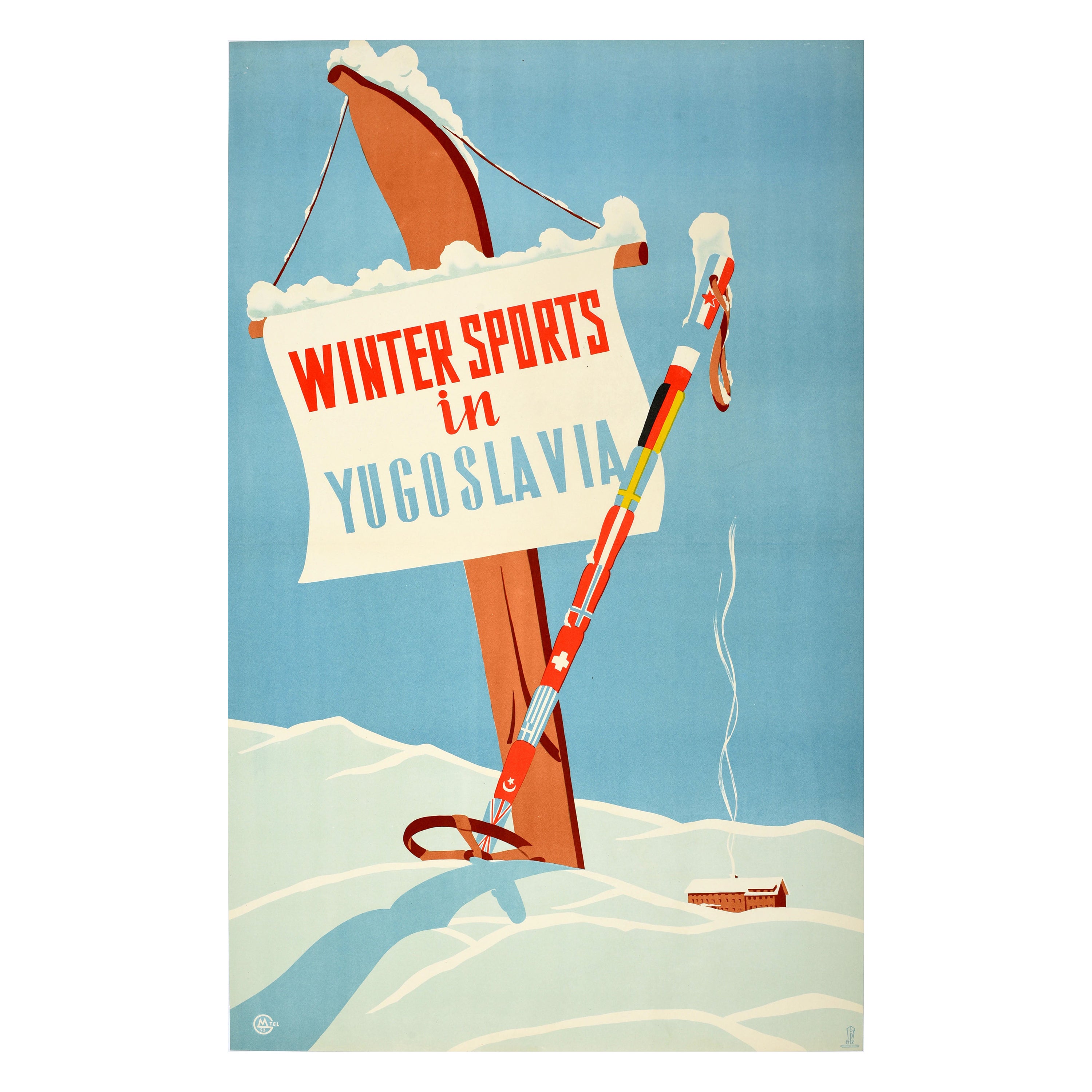 Affiche vintage originale de voyage de ski, Sports d'hiver en Yougoslavie, Art du milieu du siècle dernier en vente