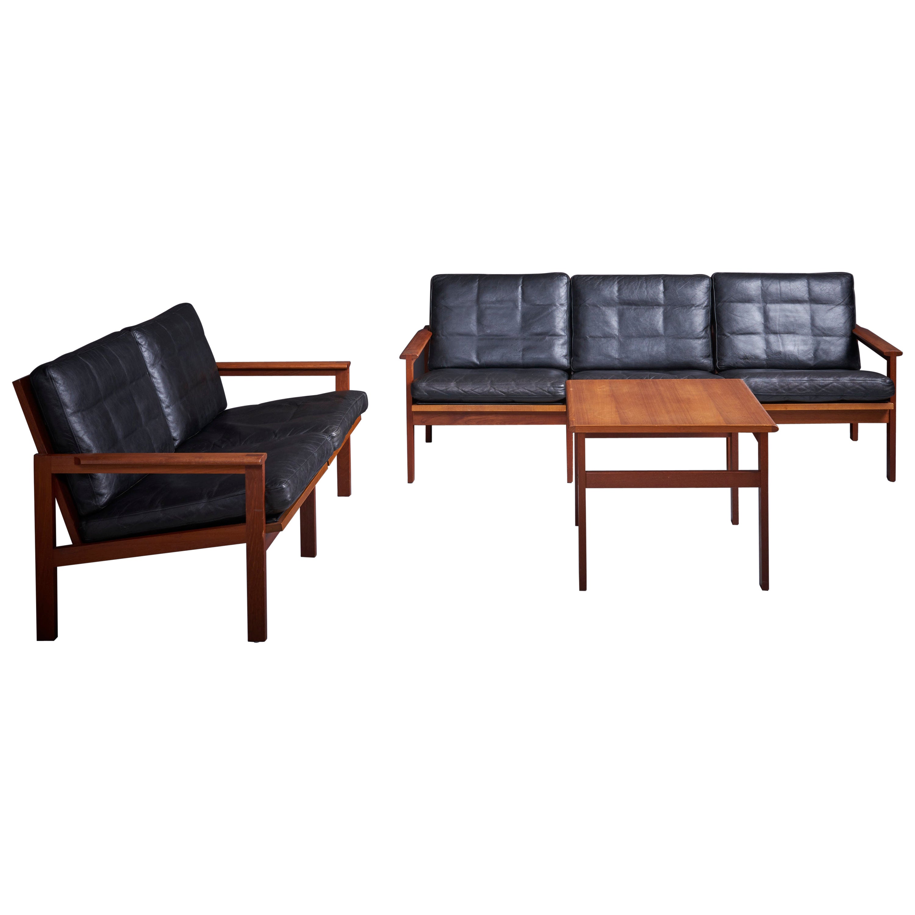 Illum Wikkelso 'Capella' Set of 2x Black Leather Sofa & Side Table Denmark 1960s For Sale