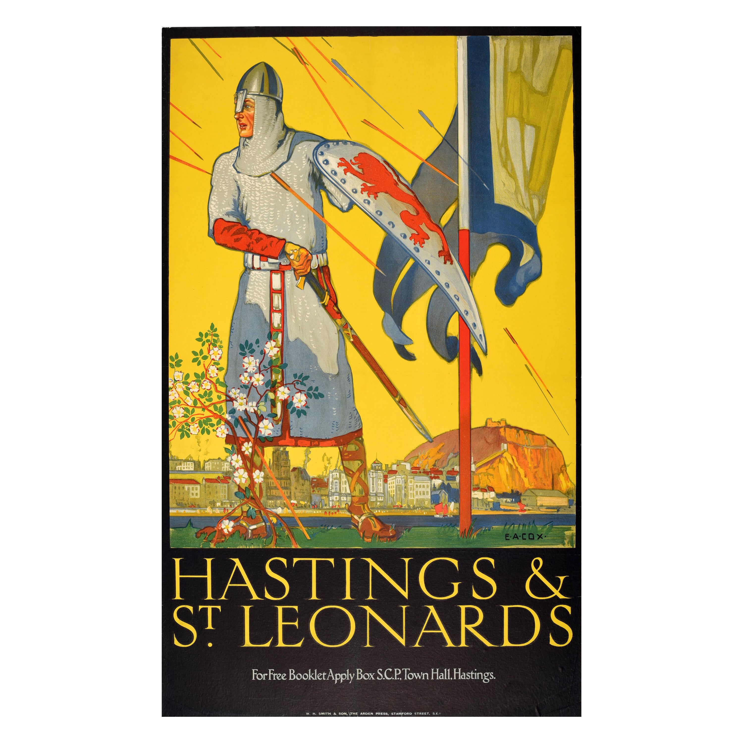 Affiche rétro originale de voyage Hastings St Leonards EA, bataille des soldats du Sussex en vente