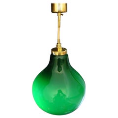 Midcentury Swedish Green Opaline Glass Brass Large Bulb-Shaped Pendant, 1960s