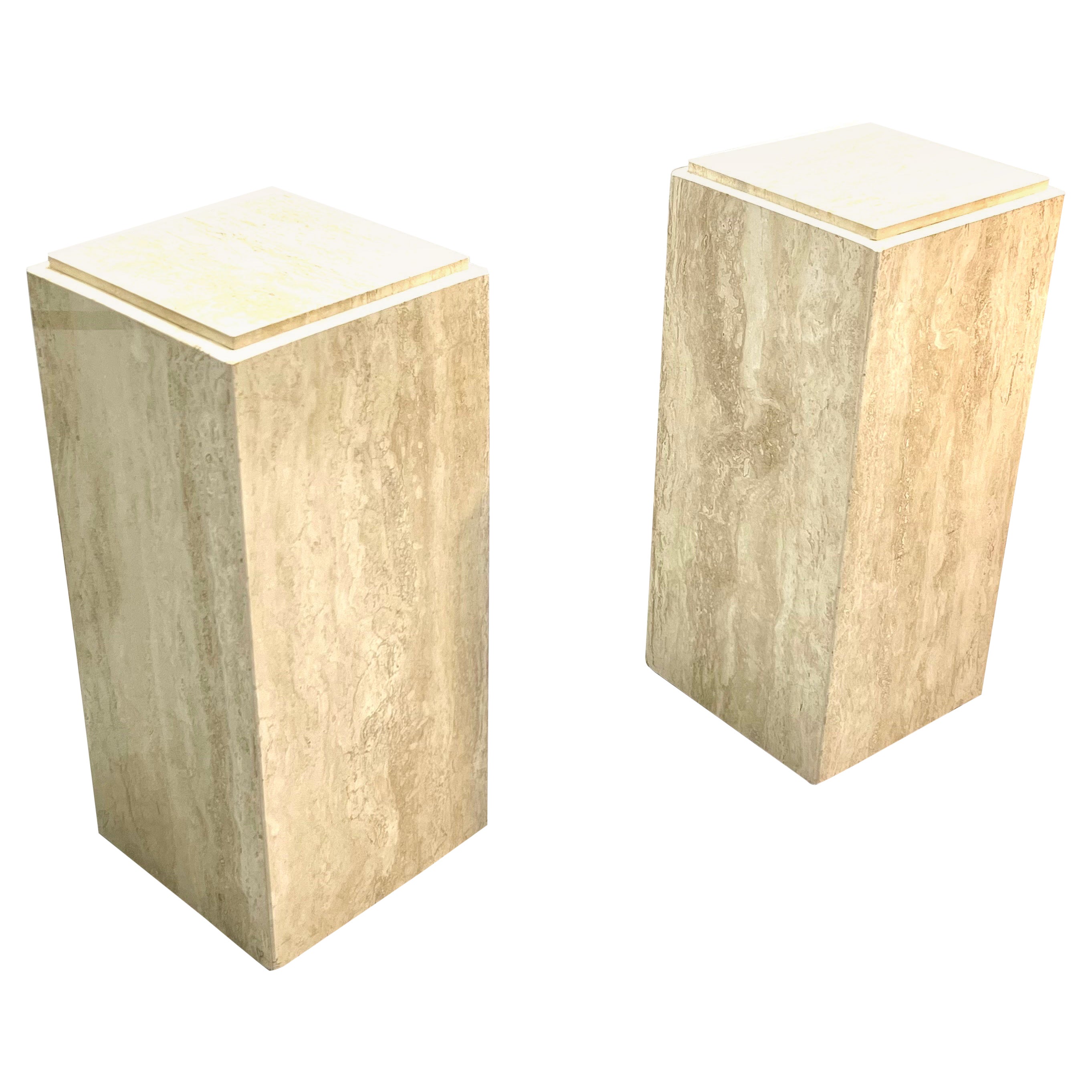 Travertine Pair of Pedestals Stands Drink Tables, 1970s For Sale