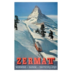 Original Vintage Skiing Winter Sport Travel Poster Zermatt Switzerland Valais