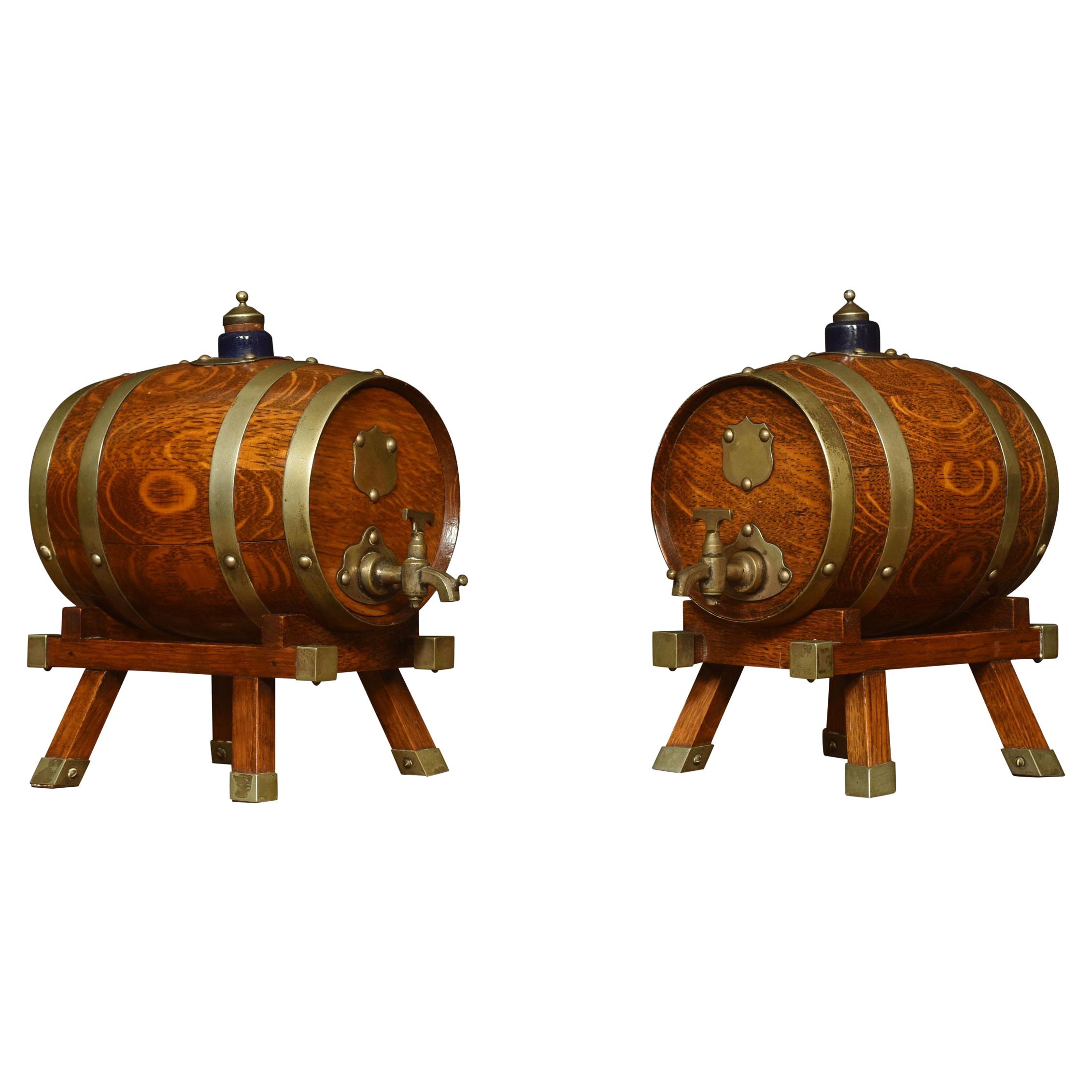 Pair of Oak Brass Bound Spirit Barrels For Sale