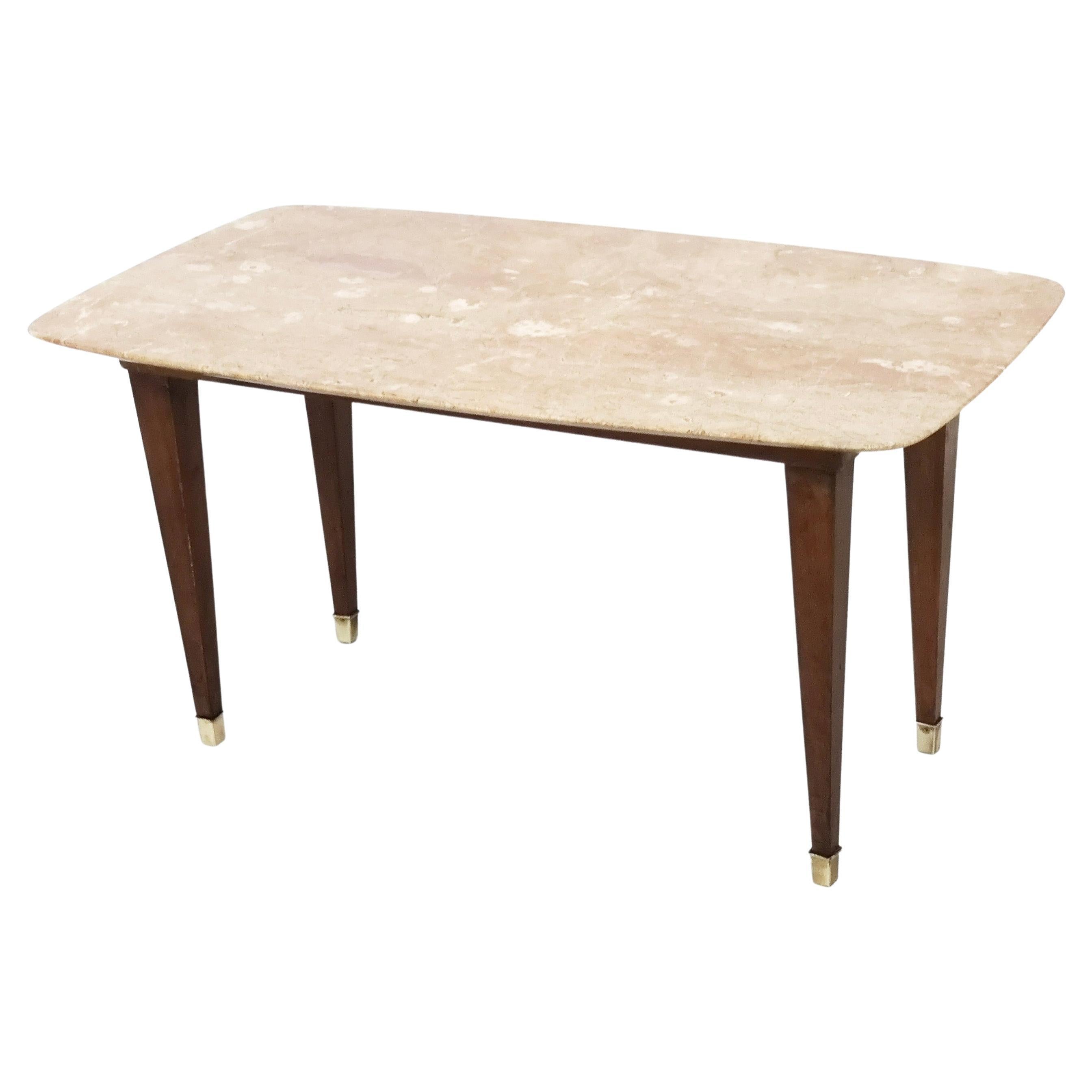 Vintage Beech Coffee Table by Paolo Buffa with a Pink Travertine Top For Sale