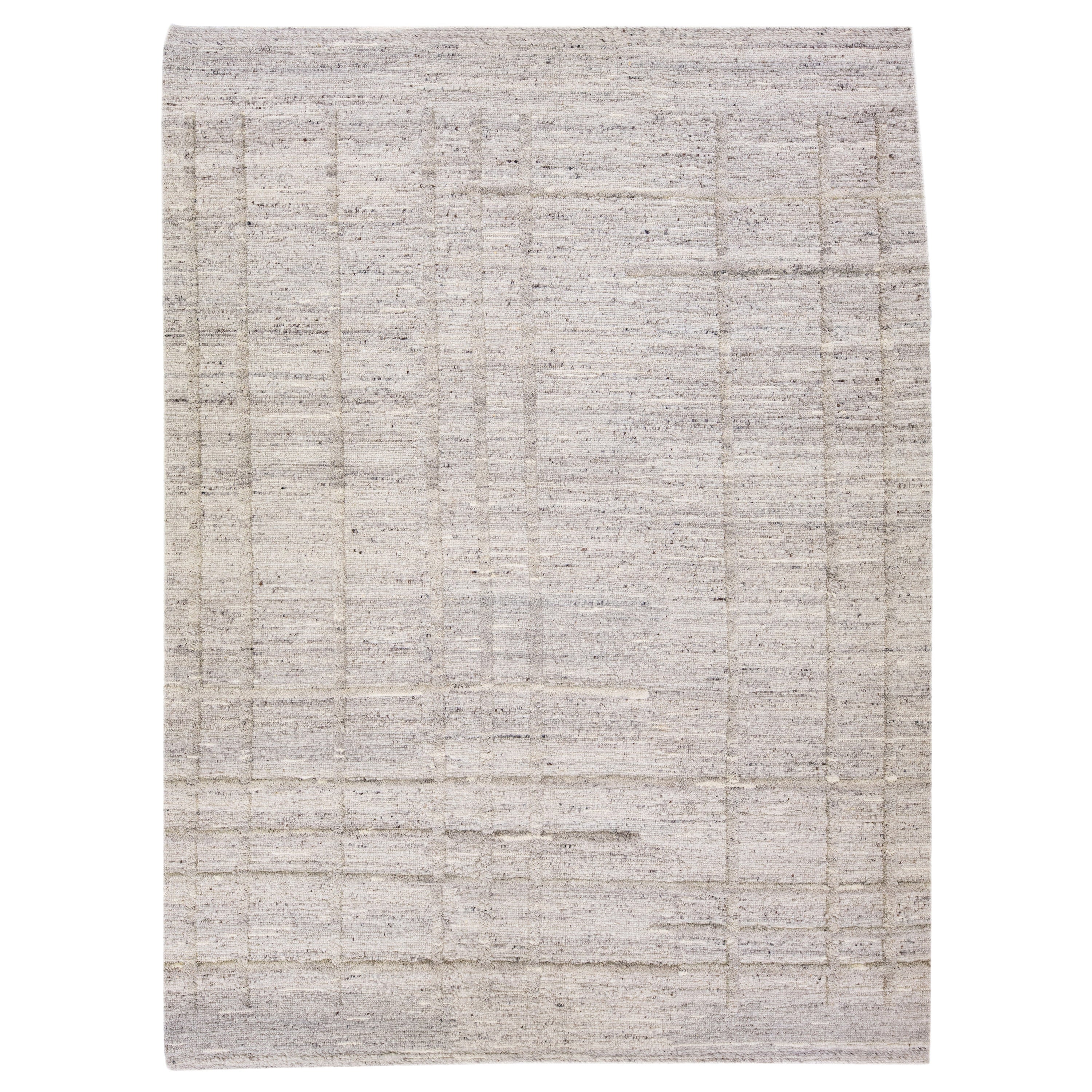 Modern Handmade Moroccan Style Wool Rug with Ivory and Gray Abstract