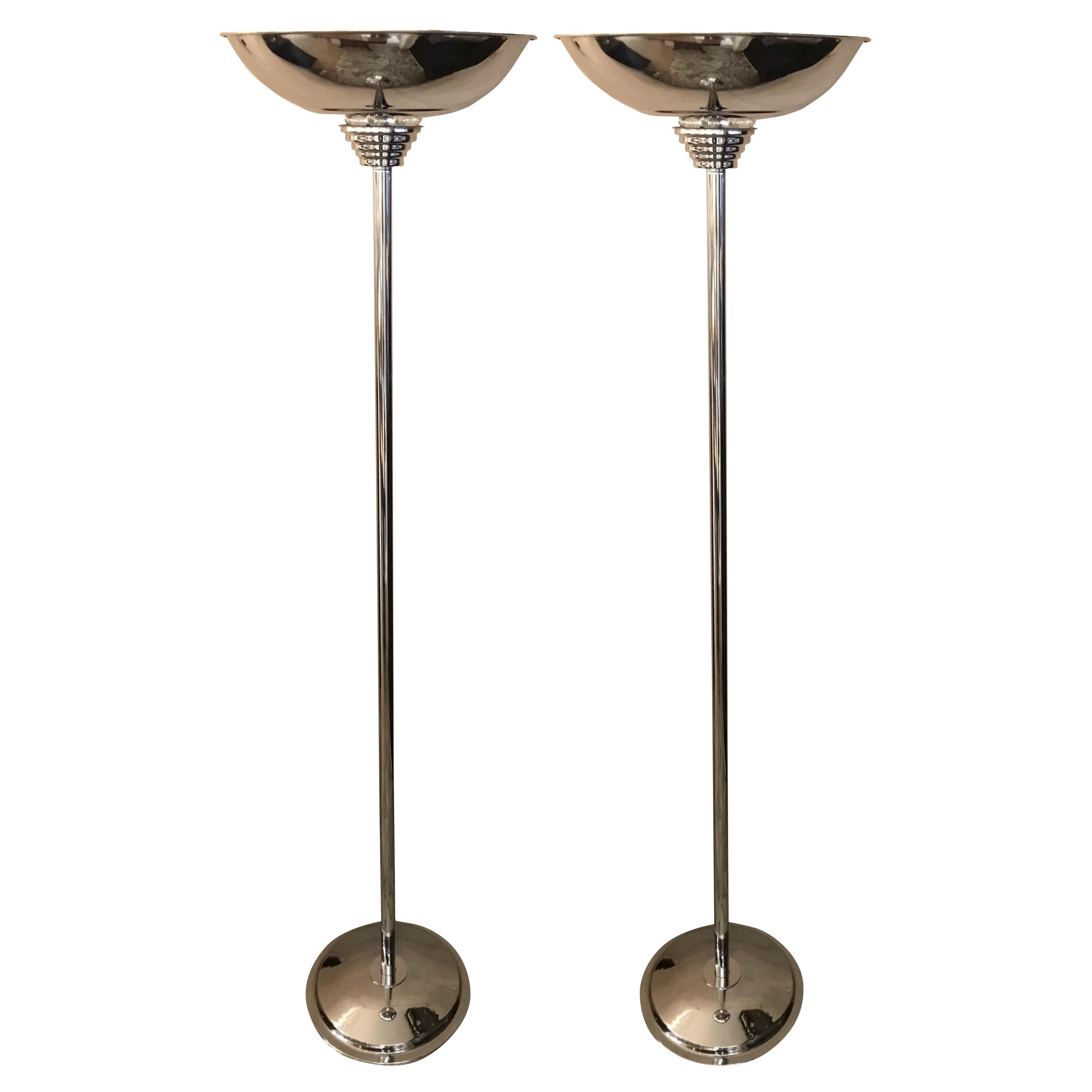 Pair of Art Deco Floor Lamp Staggere, France, Materials: Glass and Chrome, 1930 For Sale