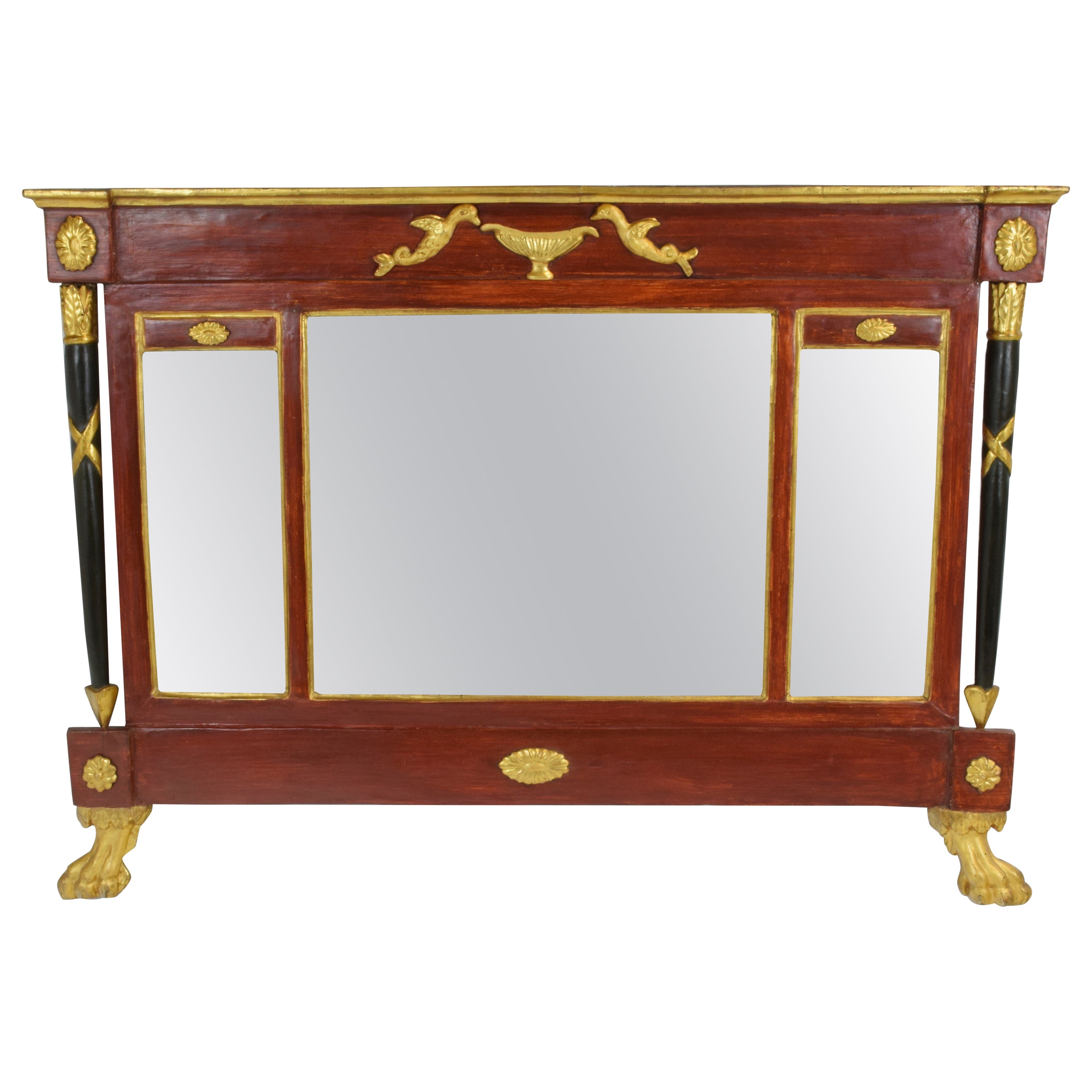 Miroir de cheminée Empire rouge pompéien avec décorations dorées en vente