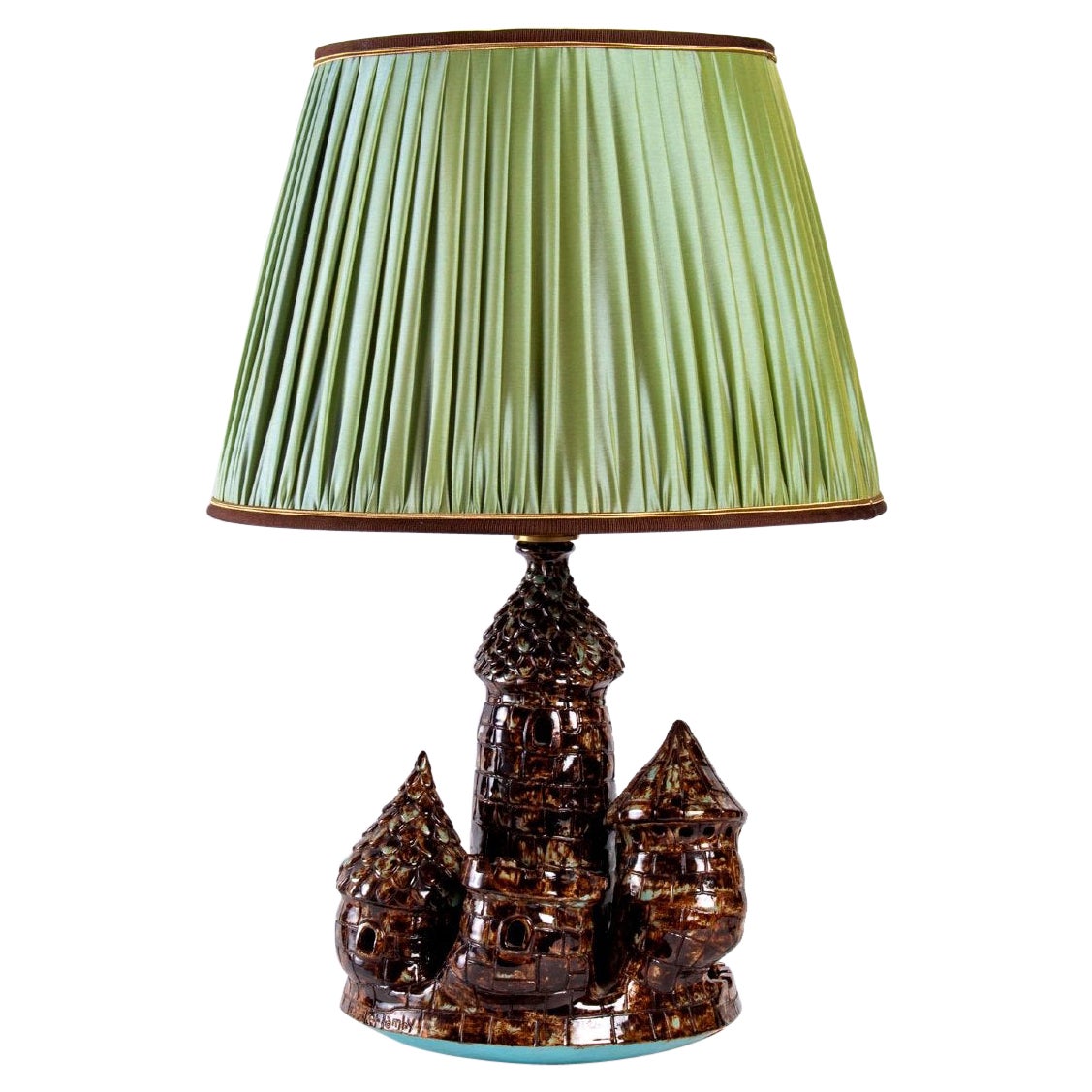 Lampe en céramique Primavera - Base solide en forme de château - Abat-jour en soie plissée - 20e siècle