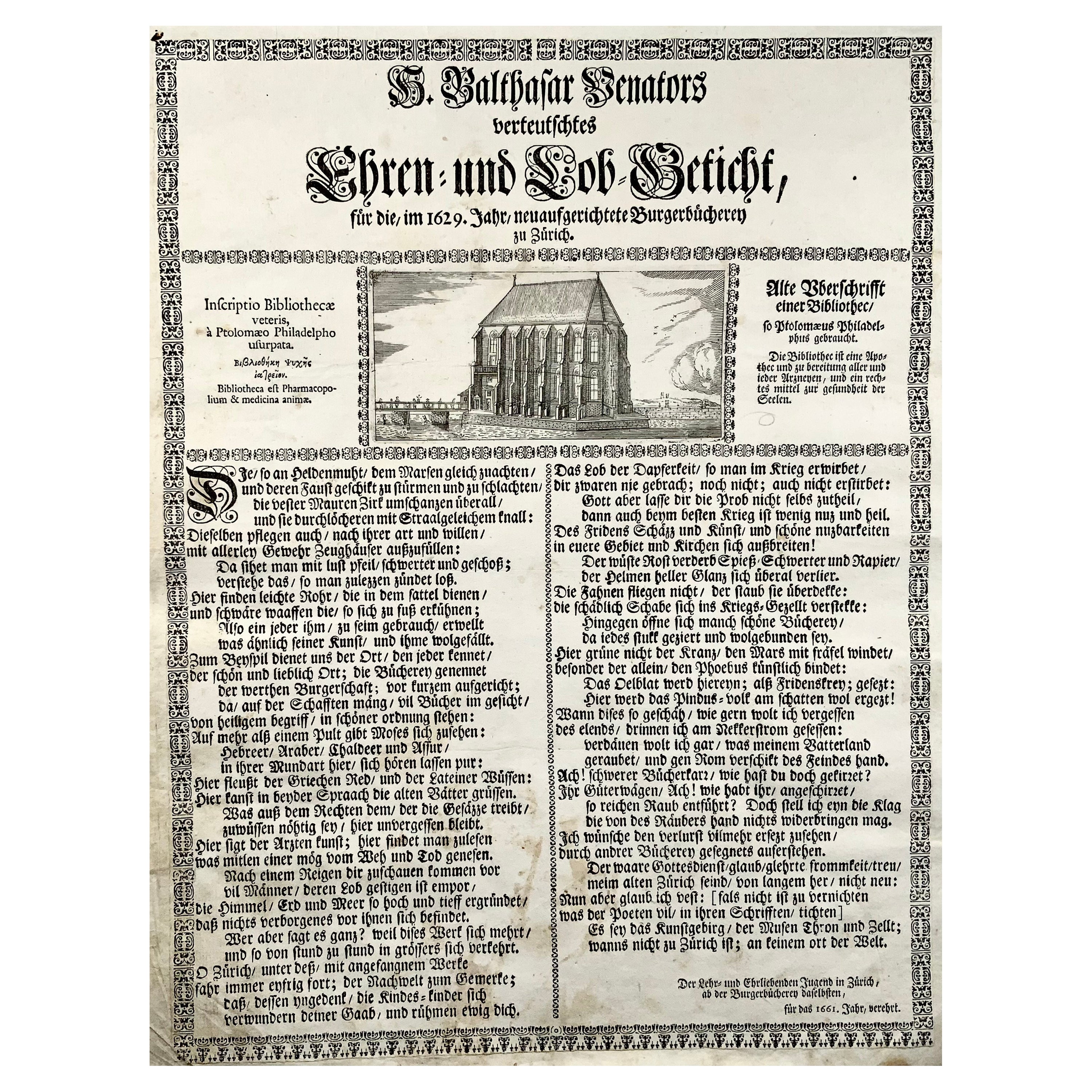 1661 Broadsheet, Ode to the City Library, Zurich, Switzerland, Bibliothecography For Sale