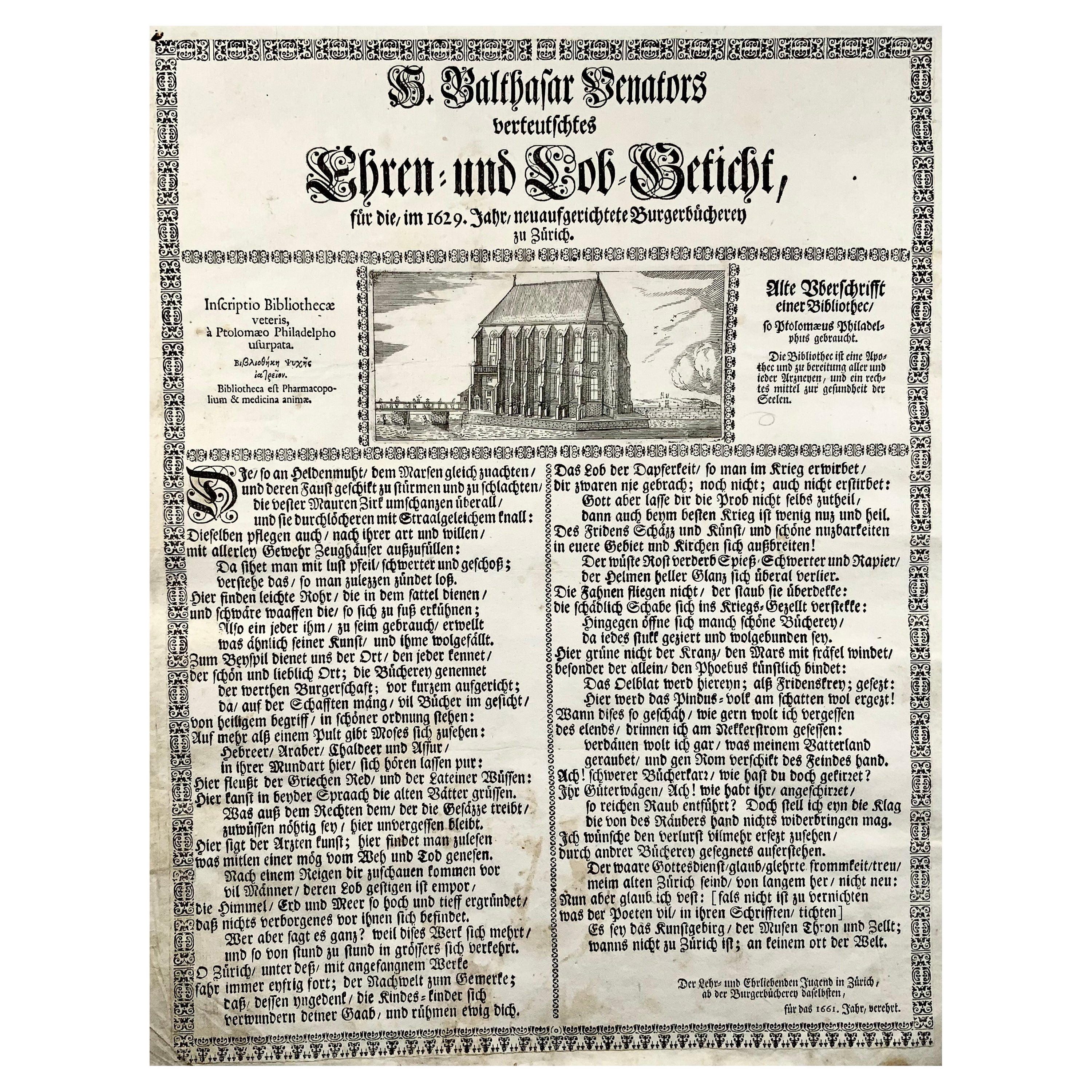 1661 Broadsheet, Ode alla Biblioteca della città di Zurigo, Svizzera, Biblioteconomia