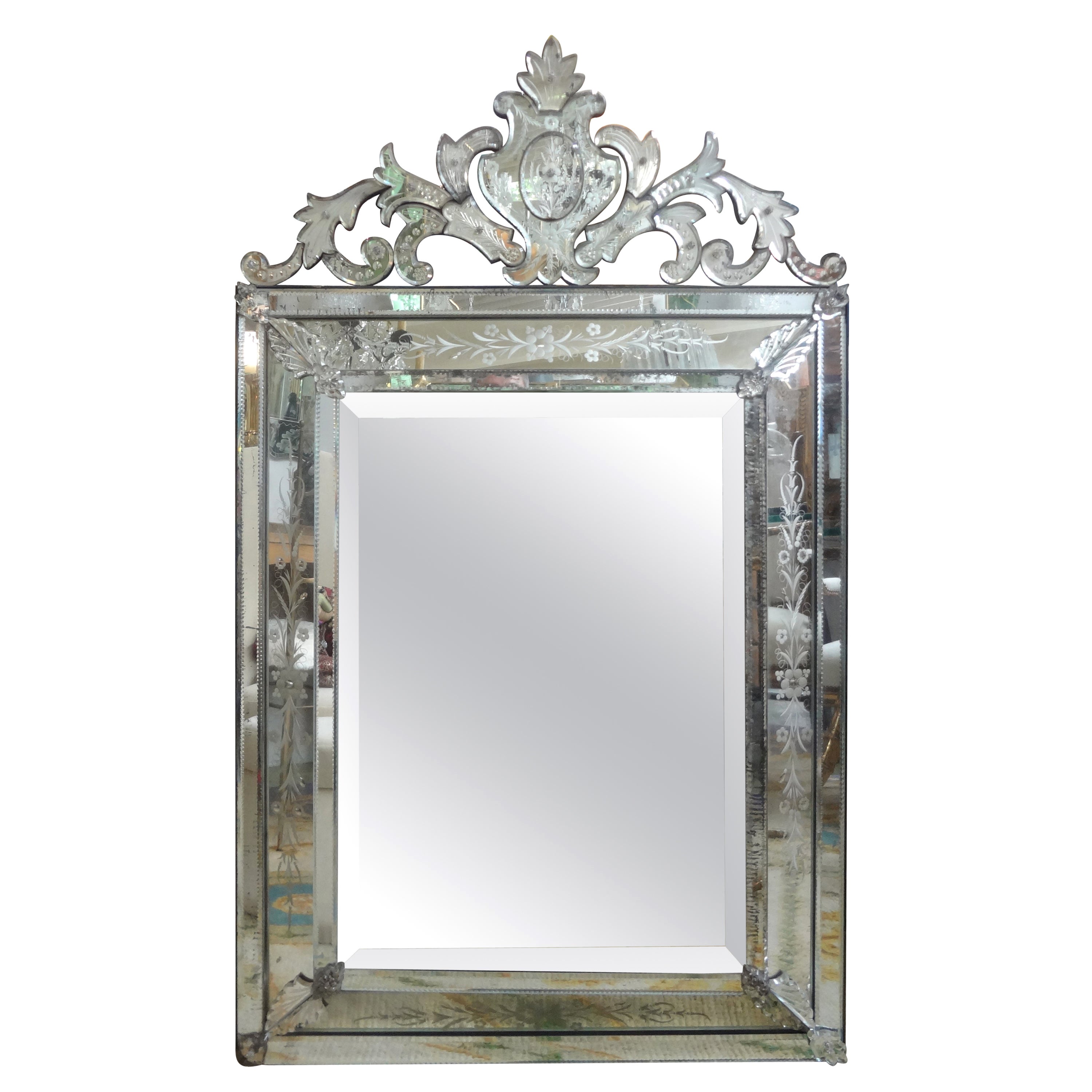 Large Antique Etched and Beveled Venetian Mirror For Sale