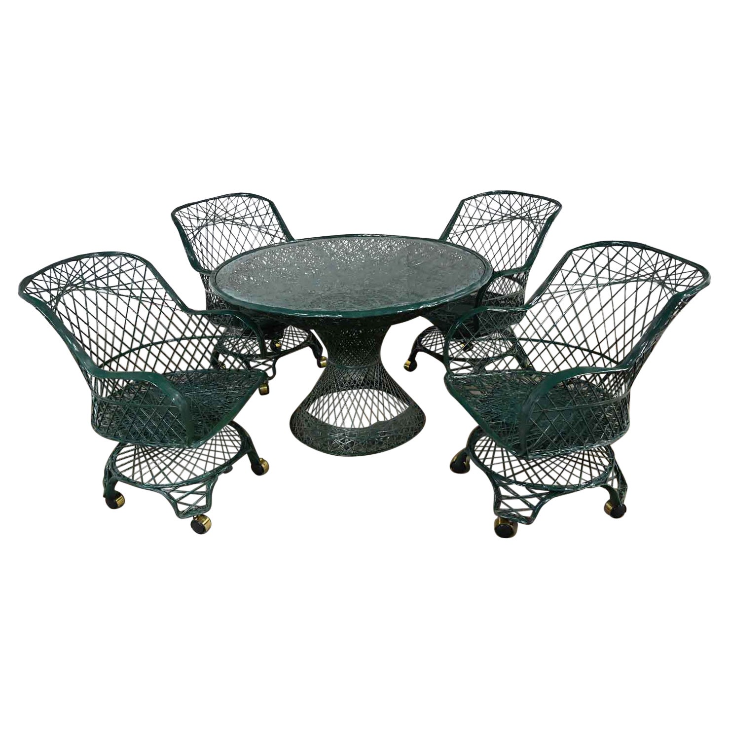 Table de salle à manger d'extérieur MCM en fibre de verre filée vert forêt et 4 fauteuils sur roulettes