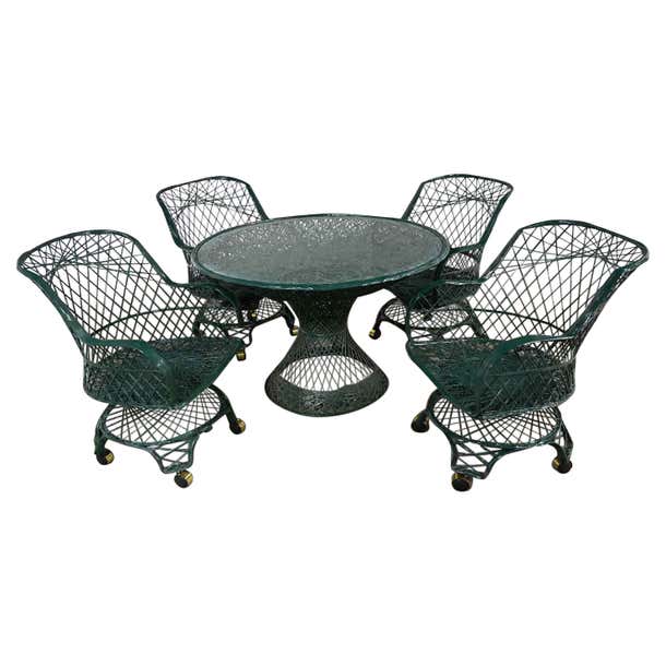 MCM Spun Fiberglass Forest Green Outdoor Dining Table and 4 Armchairs ...