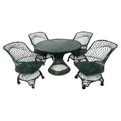 MCM Spun Fiberglass Forest Green Outdoor Dining Table & 4 Armchairs on Casters
