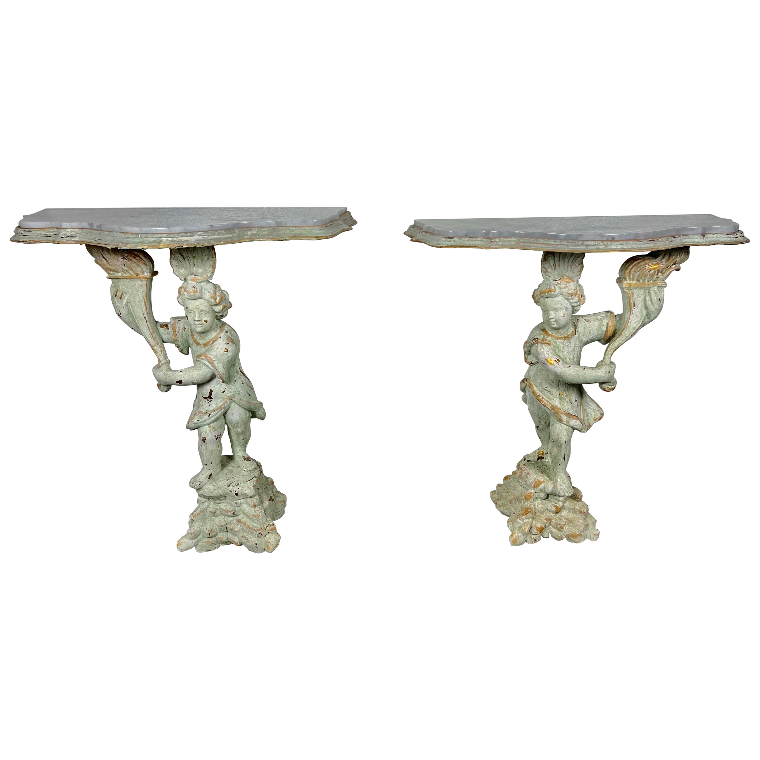 Pair of Cherub Consoles with Marble Tops, circa 1930s For Sale