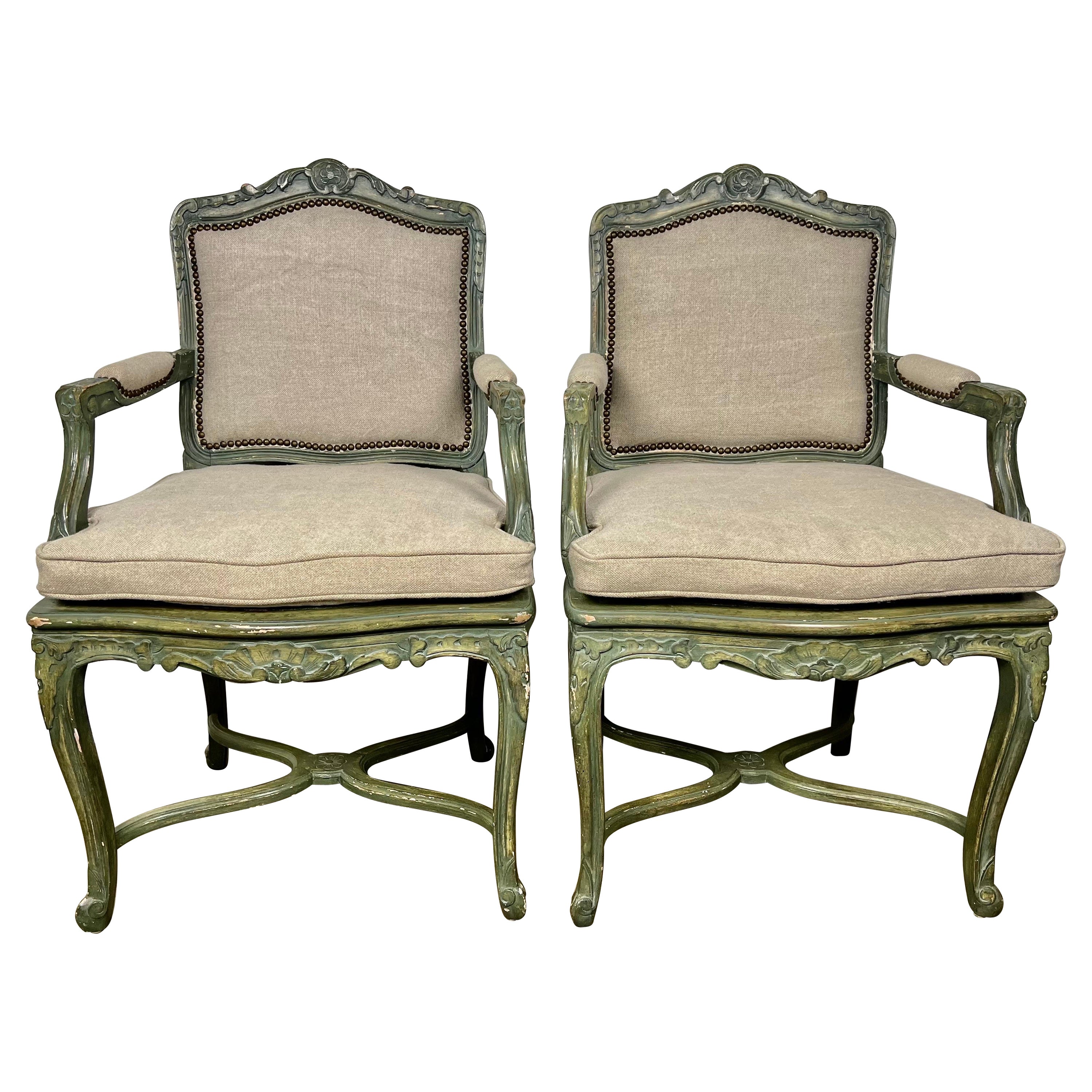 Pair of French Painted Cane Seat Armchairs with Cushions For Sale