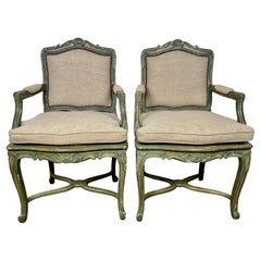 Pair of French Painted Cane Seat Armchairs with Cushions