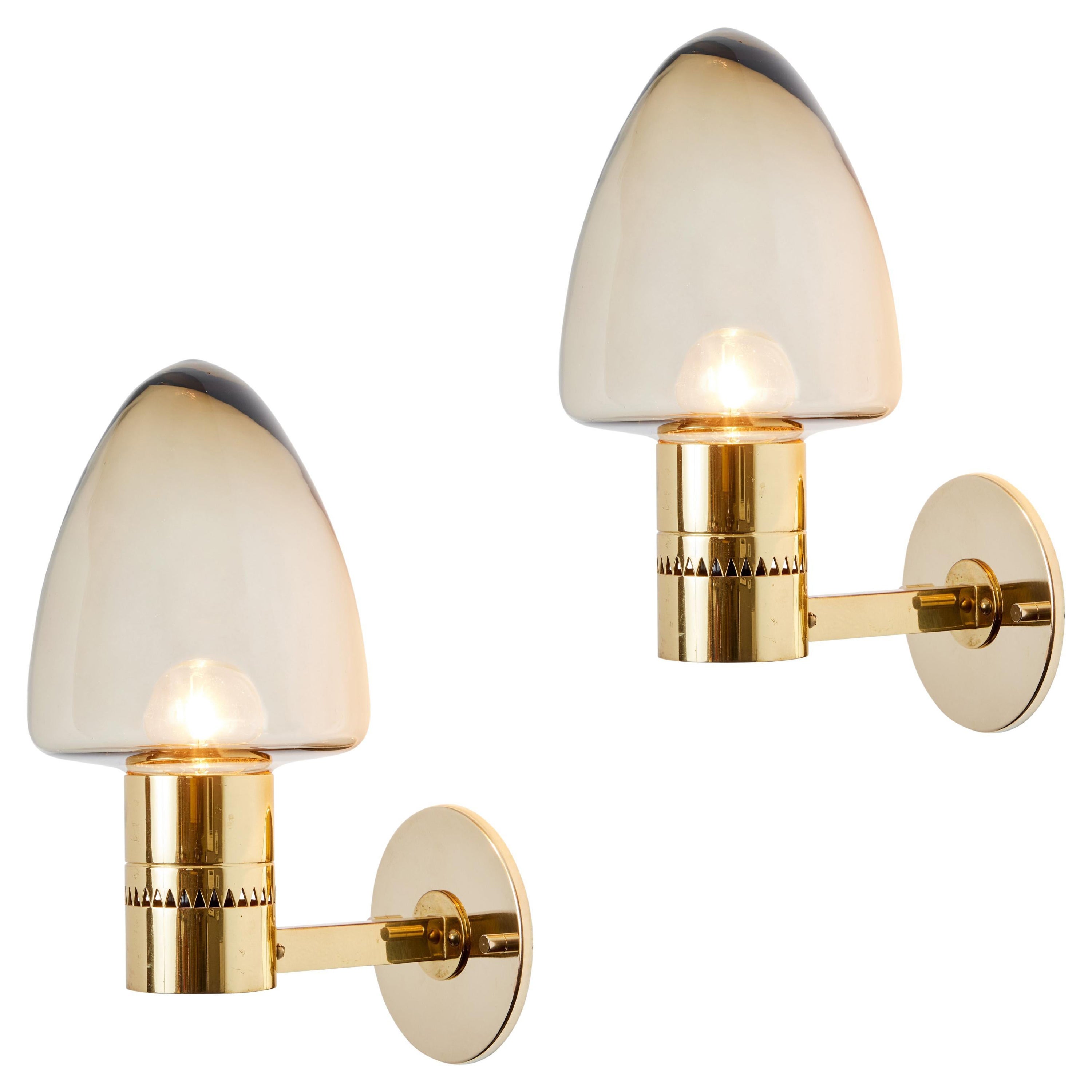 Pair of 1960s Hans-Agne Jakobsson Model V-220 Brass & Glass Sconces for Markaryd For Sale