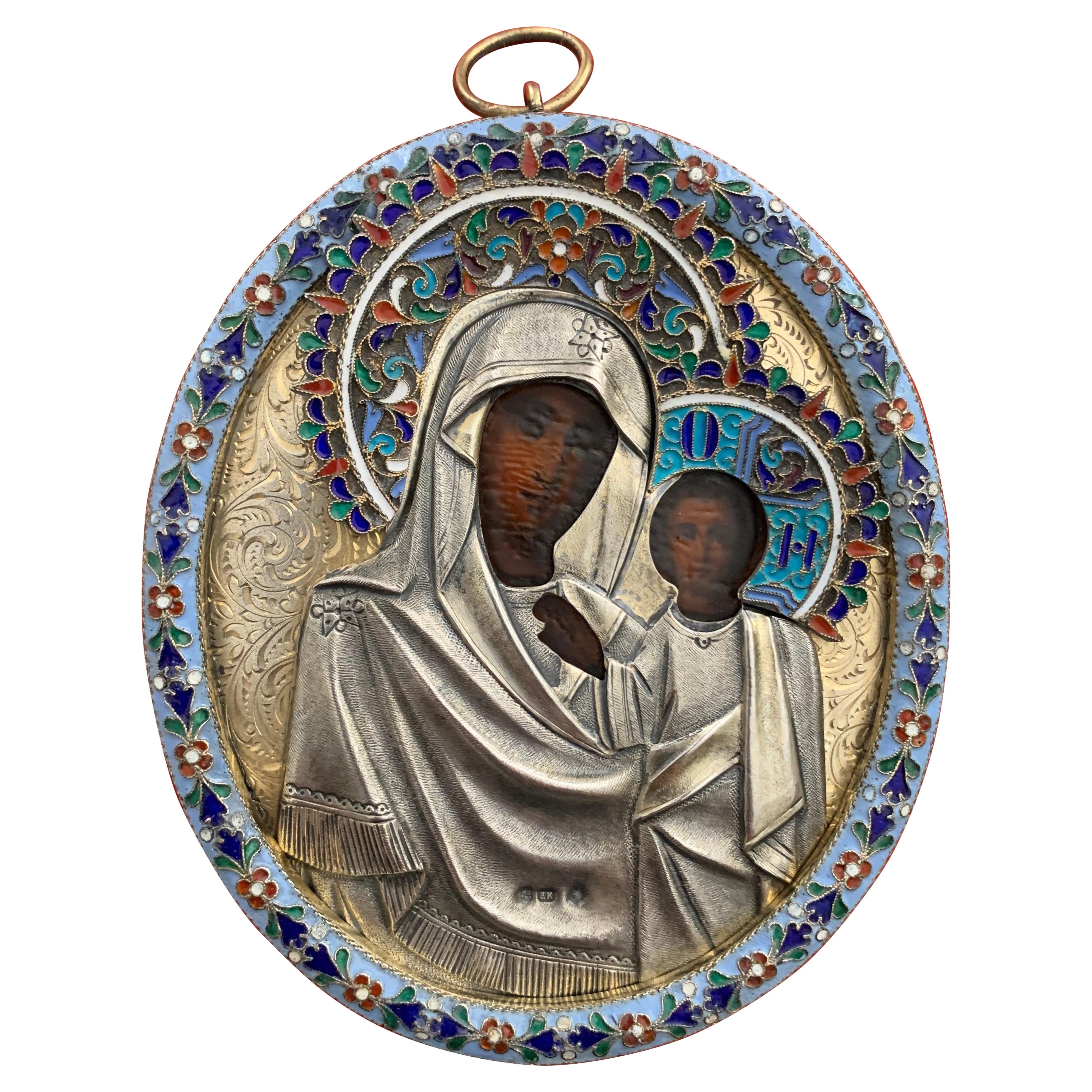 Fine Antique Russian Vermeil Silver Enamel Pendant Icon of Kazan Mother of God  For Sale