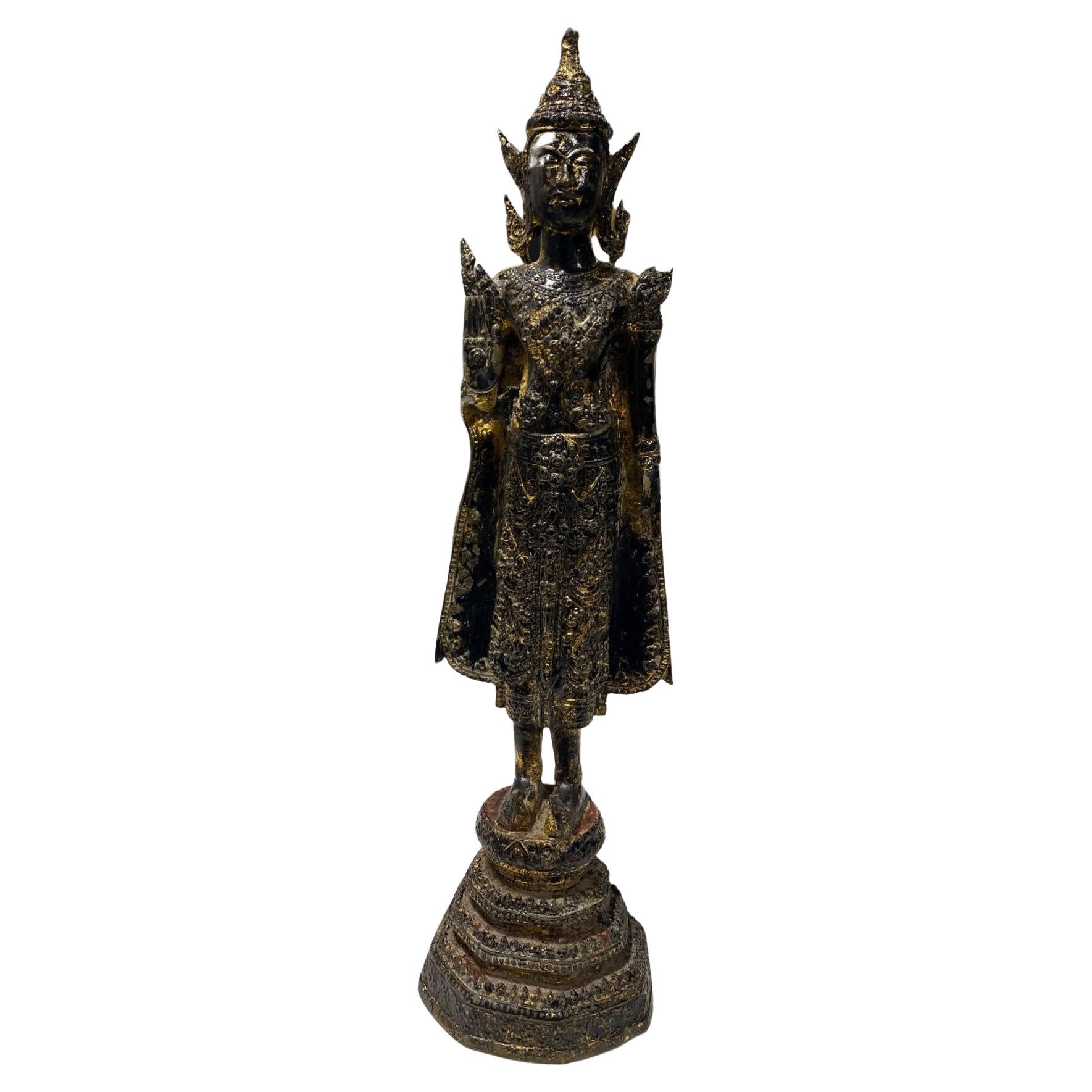 Thai Siam Bronze Gilt Rattanakosin Kingdom Standing Temple Shrine Buddha, 1800s