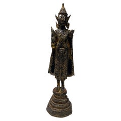 Thai Siam Bronze Gilt Rattanakosin Kingdom Standing Temple Shrine Buddha, 1800s