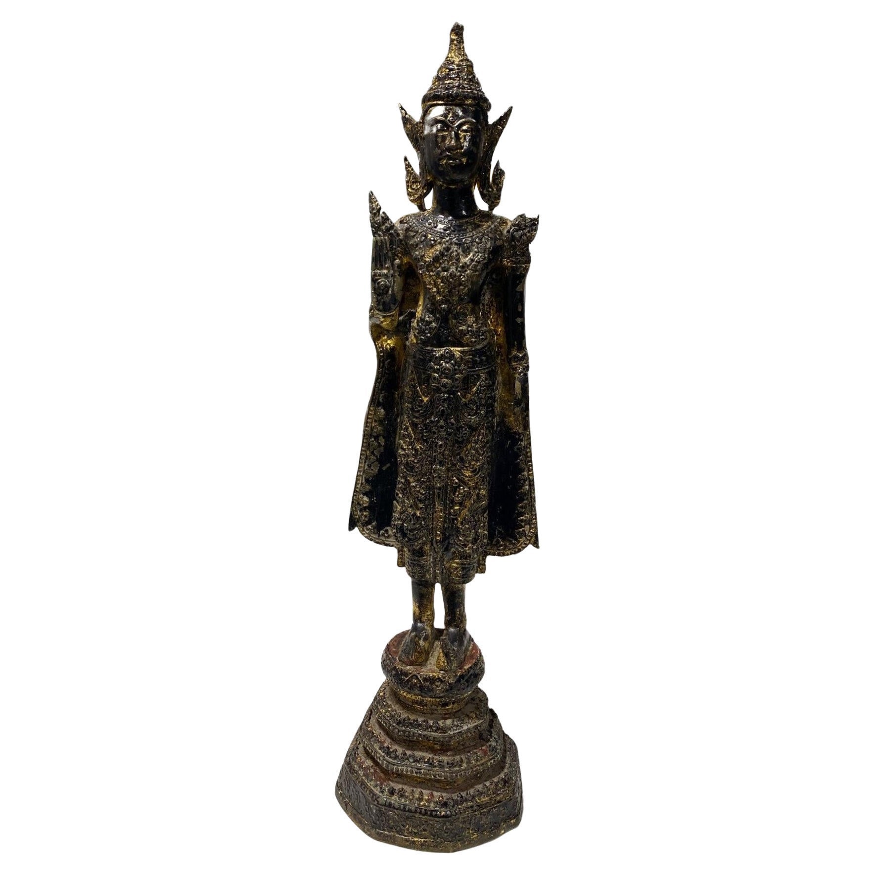 Thai Siam Bronze Gilt Rattanakosin Kingdom Standing Temple Shrine Buddha, 1800s For Sale
