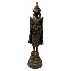 Antique Thai Siam Bronze Gilt Rattanakosin Kingdom Standing Temple Shrine Buddha, 1800s