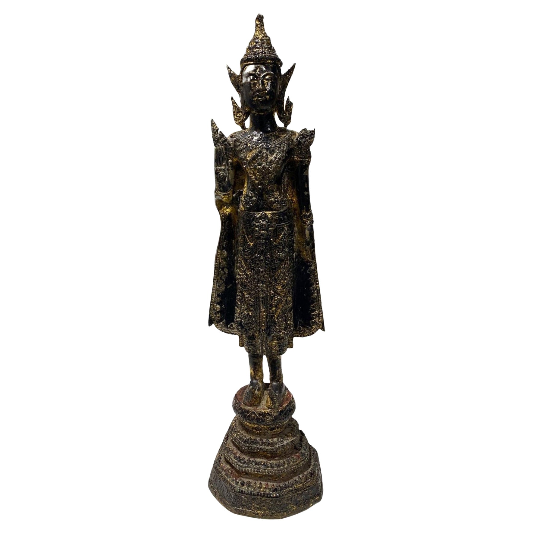 Thai Siam Bronce Dorado Reino Rattanakosin Buda de pie Templo Santuario, 1800s