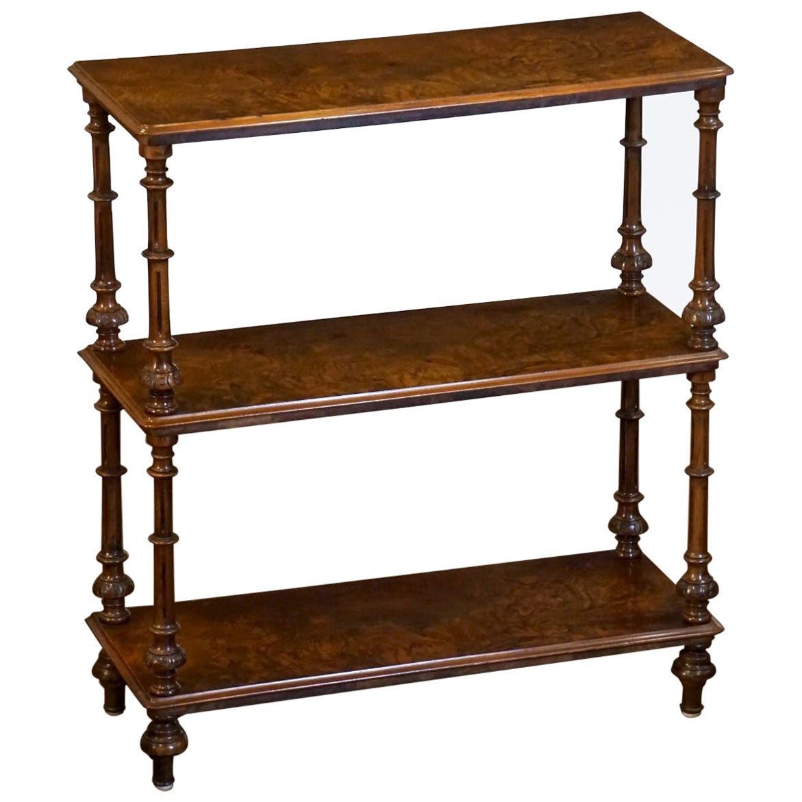 English Console Buffet Server or Shelves of Burled Walnut For Sale
