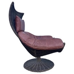 Vintage Gerard Van Den Berg Rattan and Leather Swivel Lounge
