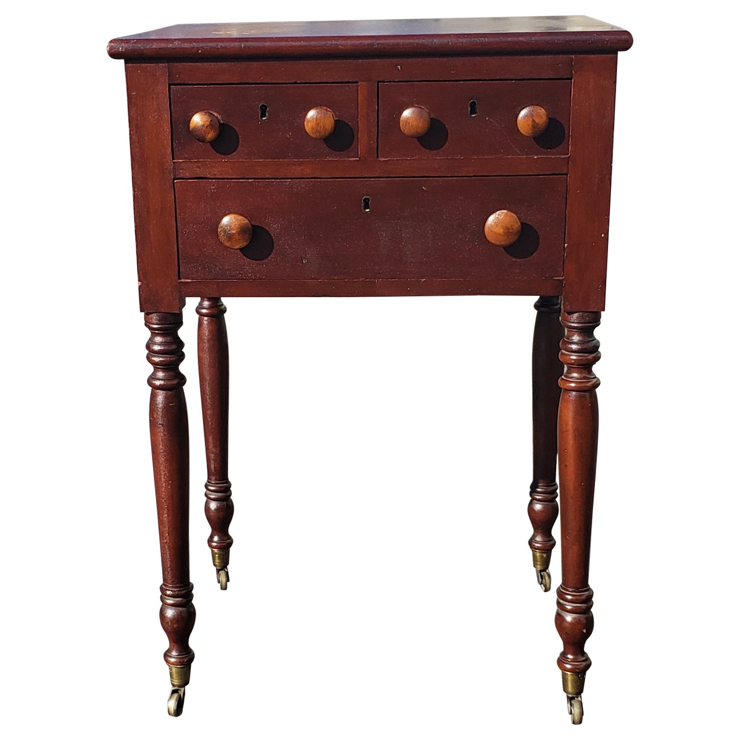 19th Century 3-Drawer Turned Legs Mahogany Work Table on Wheels For Sale