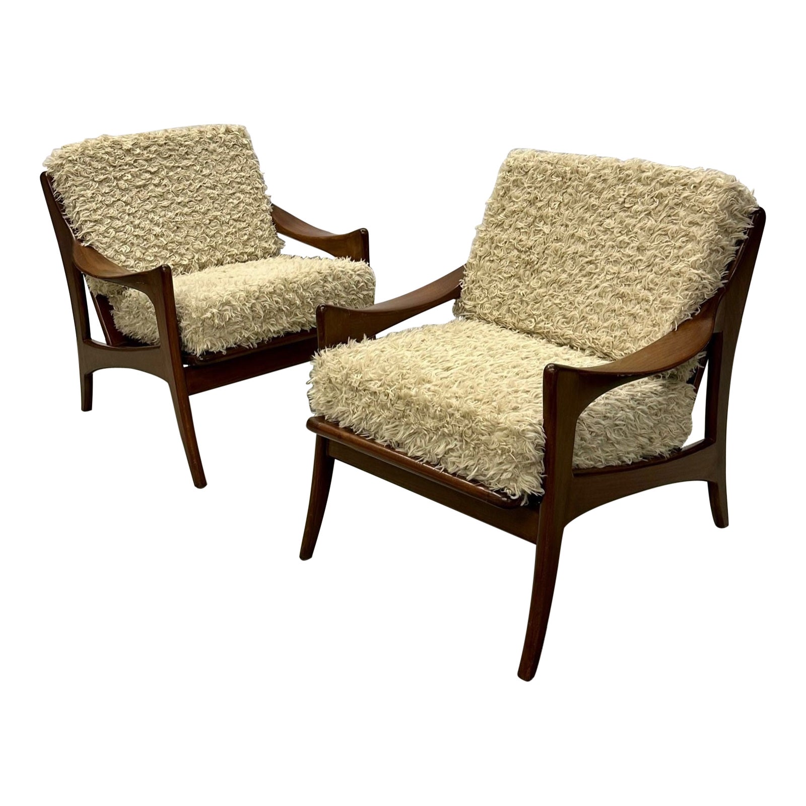Paire de fauteuils / chaises longues néerlandais de style moderne du milieu du siècle, teck, laiton