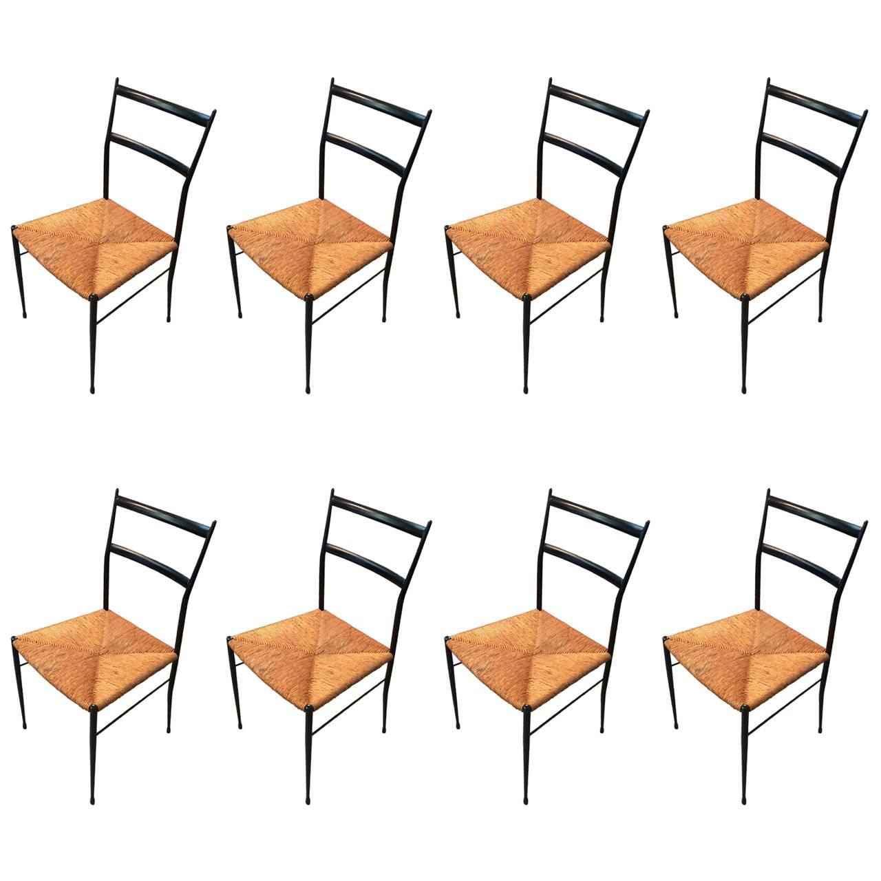 Set of Eight Fabulous Italian Black Wood and Rush Seat Dining Chairs