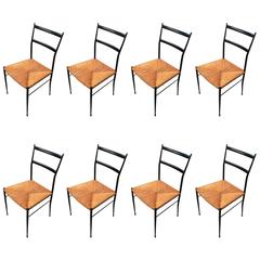 Set of Eight Fabulous Italian Black Wood and Rush Seat Dining Chairs