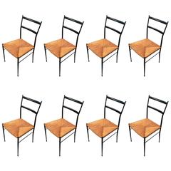 Set of Eight Fabulous Italian Black Wood and Rush Seat Dining Chairs